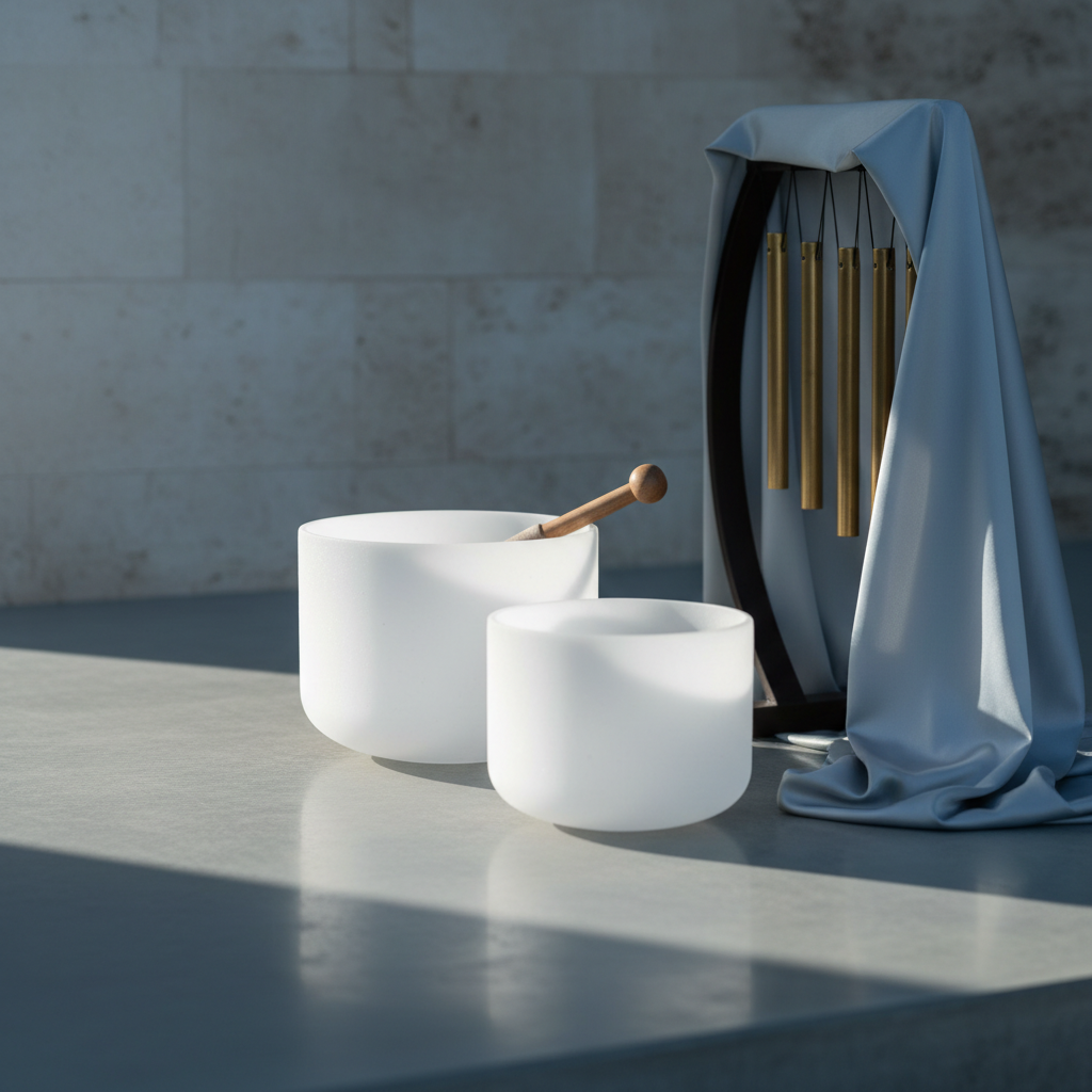 A visually striking arrangement of high-quality sound healing instruments—a pair of frosted quartz crystal singing bowls, a slender wooden sound wand, and silk-draped chimes—displayed on a smooth concrete platform with a muted stone backdrop. Cool, diffused morning light beams in gently from the side, highlighting the bowls' semi-translucent surfaces and casting soft, curving shadows. Photographed from a low, slightly side-on angle to capture the interplay of light, shadow, and texture. The scene carries a serene, ethereal atmosphere, with a minimalist and sophisticated composition, resonating with the ceremonial and healing aspects of the Boaz Medici site.