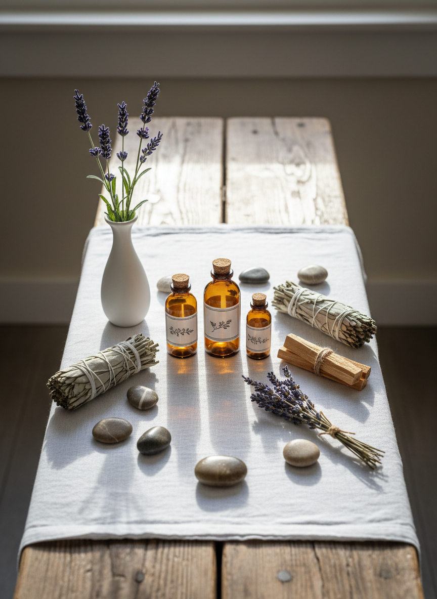 A beautifully arranged set of plant medicine elements—delicate amber glass bottles of tinctures, dried ceremonial herbs, and polished river stones—laid out on a pristine white cotton cloth atop a rustic wooden bench. The surroundings are elegantly sparse, with a single sprig of lavender in a slender ceramic vase placed near the arrangement. Gentle morning sunlight streams in at an angle, creating soft highlights on the glass and subtle shadows on the cloth. The composition is symmetrical and centered, with a shallow depth of field accentuating the textures and colors of the healing elements. The mood is nurturing and contemplative, conveying refined intentionality and a serene approach to plant medicine ceremonies. The photographic, minimalist style suits the sophisticated, artistic focus of the site.