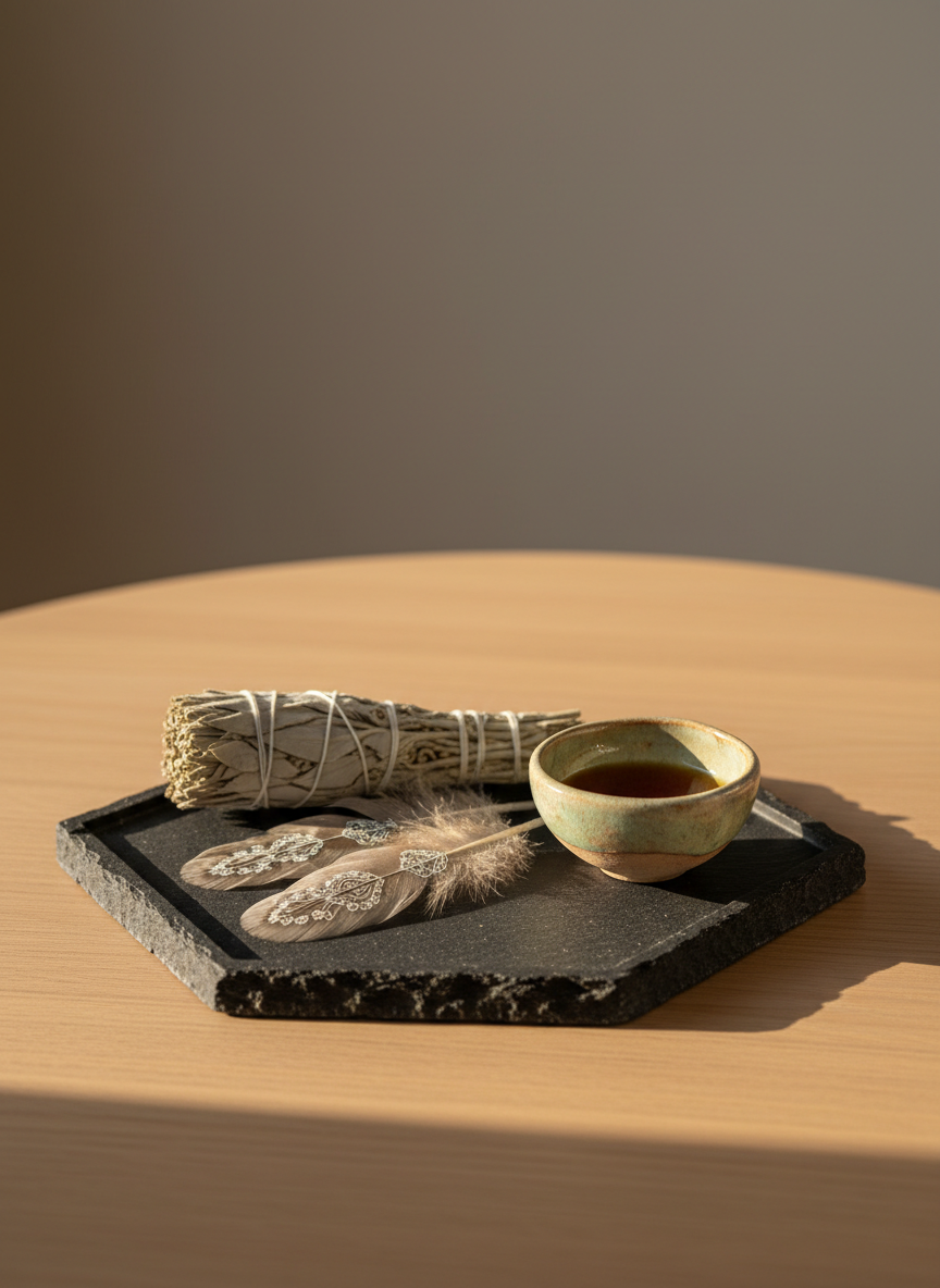 An exquisite close-up of a refined medicine altar: a minimalist geometric tray made of matte black stone, holding a meticulously arranged display of ceremonial objects—dried white sage, feathers with silvery patterns, and a small, hand-thrown ceramic bowl of plant tincture. The altar rests on a pale oak table set against a softly gradient taupe wall. Late-day golden light casts delicate, warm highlights and subtle, elongated shadows, enhancing the object's tactile qualities. The composition is intentionally off-center with a shallow depth of field, placing emphasis on ceremonial beauty and sophisticated ritual. The mood is sacred, serene, and introspective, matching the refined and sophisticated site personality.