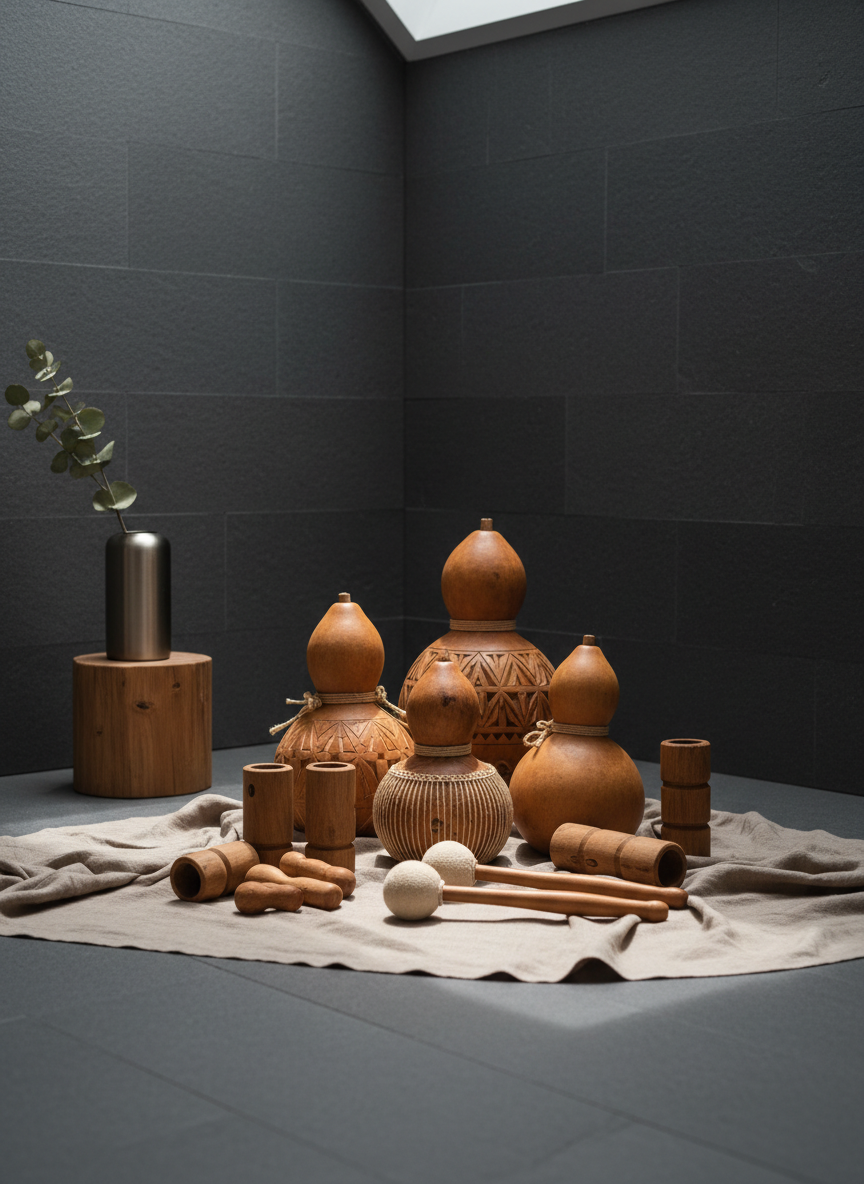 An elegant collection of artisanal wooden percussion instruments, including shaker gourds and carved mallets, neatly arranged on a muted linen cloth. The setting is a minimalist studio corner, with understated slate walls and a single brushed-metal vase containing dried eucalyptus. Soft, overcast daylight streams in from an unseen skylight, creating subtle highlights on the smooth, polished wood and gentle shadows across the linen. Photographed from an eye-level, three-quarters perspective, the composition leverages negative space and asymmetrical balance. The mood is calm, inviting, and sophisticated, evoking a sense of artistic dedication and refined craftsmanship. The overall style maintains a photographic, minimalist aesthetic in line with the site’s musical and ceremonial themes.