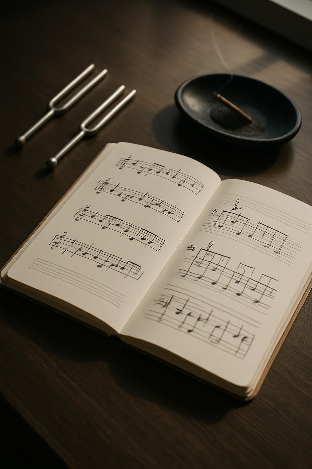 A composition of an open, finely-bound music journal, featuring neatly handwritten sheet notes and sketch-like diagrams of drum patterns, positioned on a sleek, dark wooden desk. Around the journal, elegant tuning forks rest next to a smooth obsidian stone dish containing aromatic incense. Subtle afternoon light from a nearby high window casts soft gradients and elongated shadows, accentuating the textures of paper and wood. Captured from a slightly elevated angle with sharp focus on the journal and a gentle blur in the edges, this image conveys a studious, contemplative mood. The minimalist, photographic style and muted palette reinforce an atmosphere of artistic exploration and refined, creative intent.